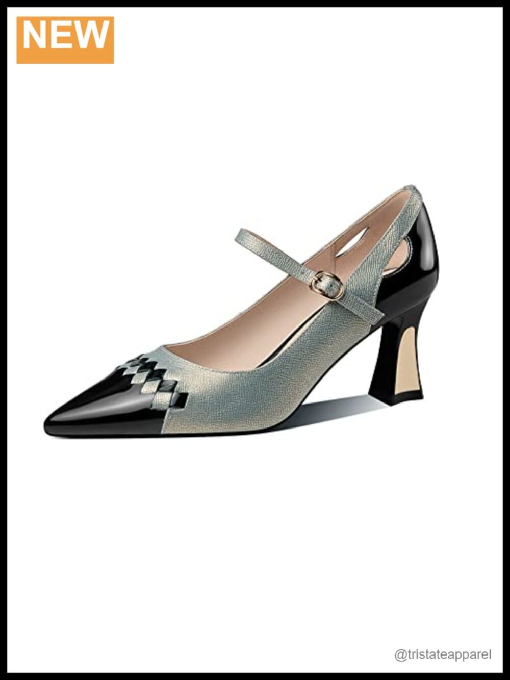 Genuine Leather Pointed Toe Mid Heel Block Pumps